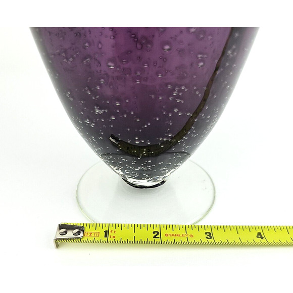 Hand Blown Amethyst Purple Vase Controlled Bubbles Clear Footed Base 8 in Tall - Picture 8 of 10